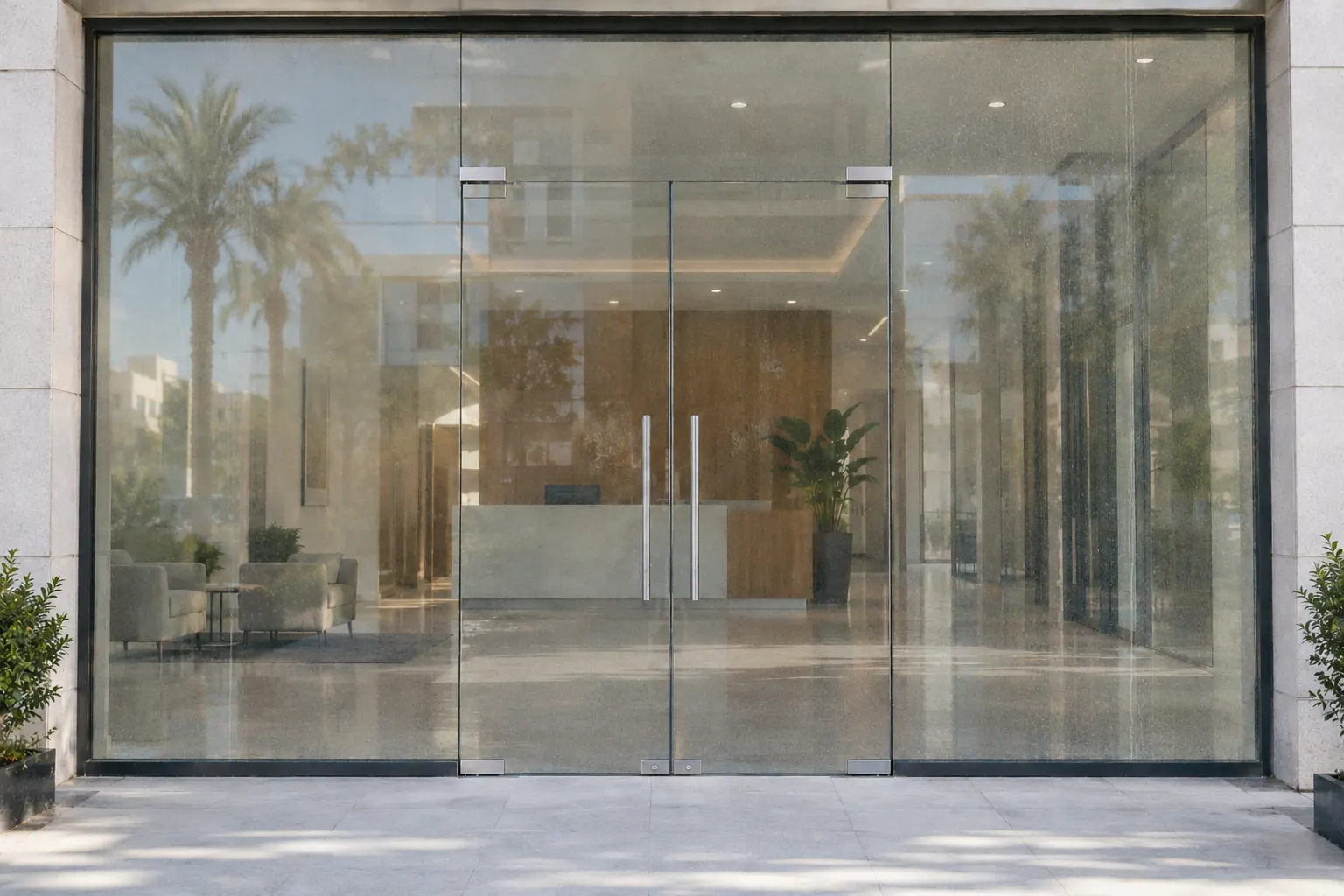 La même entrée vitrée avant nettoyage, vitres sales